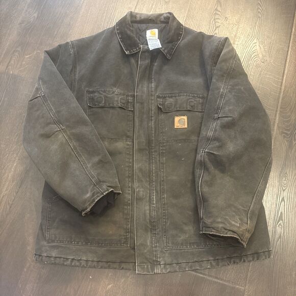 VTG Y2K Carhartt Mens XL Detroit Black Charcoal Duck Canvas Coat Quilt Lining - Picture 1 of 16